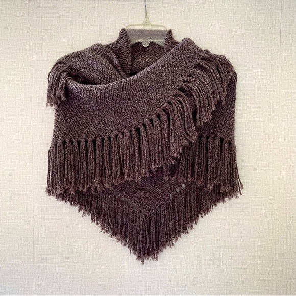 Hand Knit Shawl, Dusty Icy Plum, Fringe Trim, Versatile - Picture 9 of 10